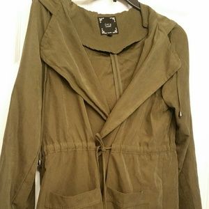 Tie front, wrap jacket with hood.